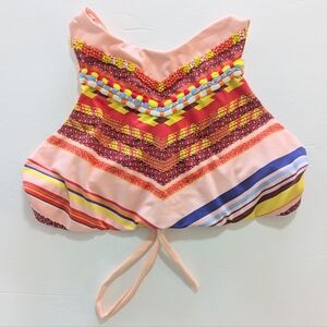 Agua Bendita Beaded Chevron Halter Bikini Top Cross Tie Back Orange Large L